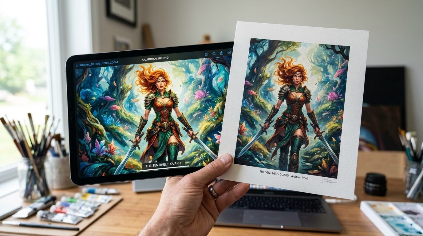 A person holds a tablet screen and a printed version of a red-haired female warrior in an enchanted fantasy forest.