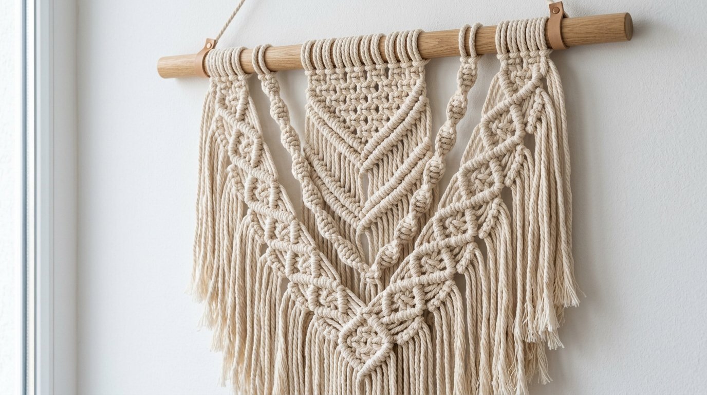 Intricate cotton fiber wall decor featuring knotted patterns and long fringe suspended from a light wood dowel.