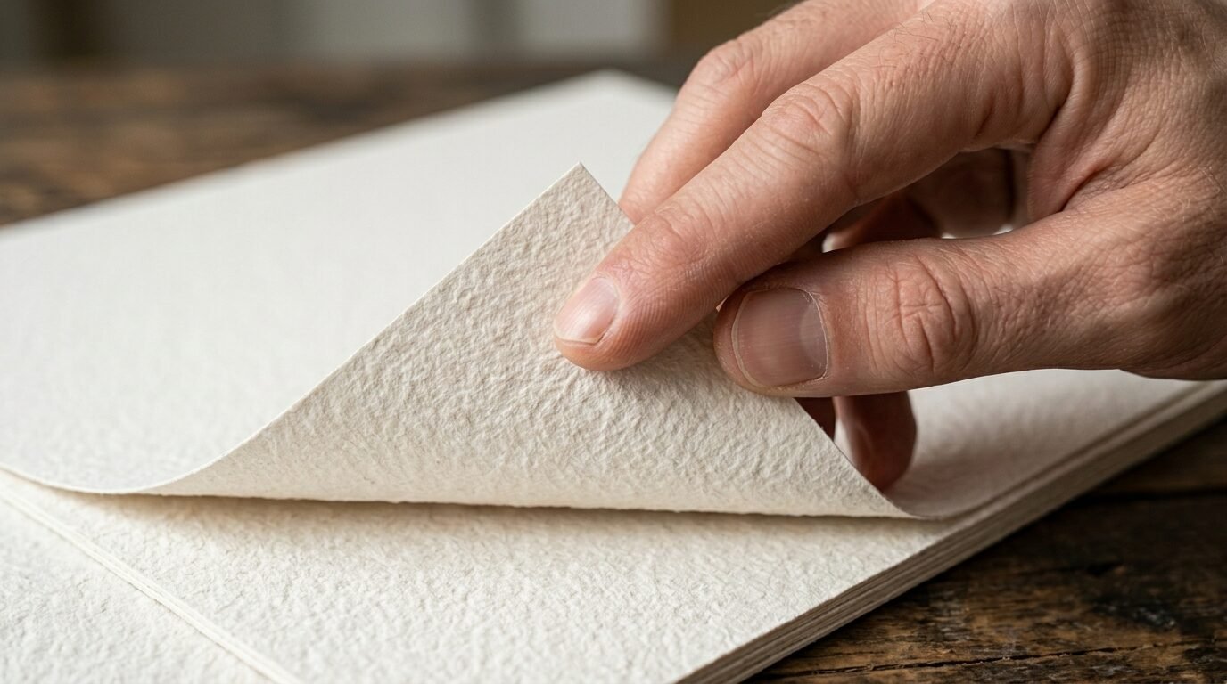 Close up of fingers turning a page of heavy, cream-colored handmade paper on a wooden table.