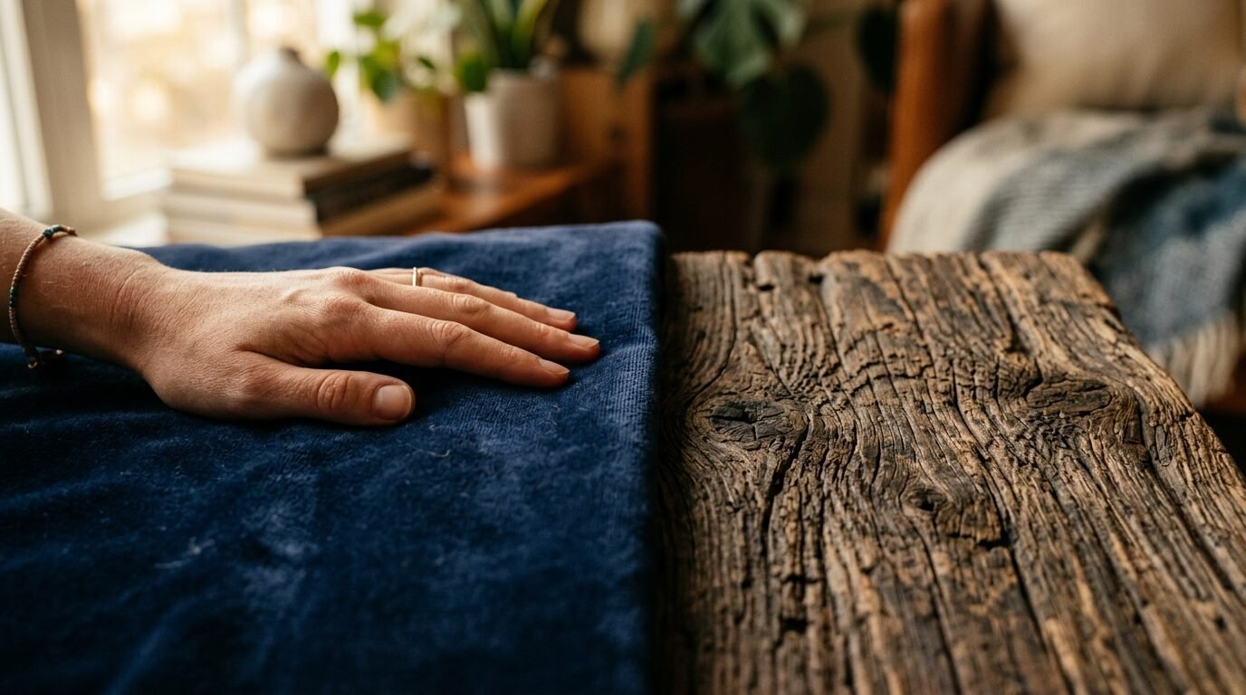 A person's hand with a ring resting on a piece of dark blue fabric next to a rustic wooden surface.