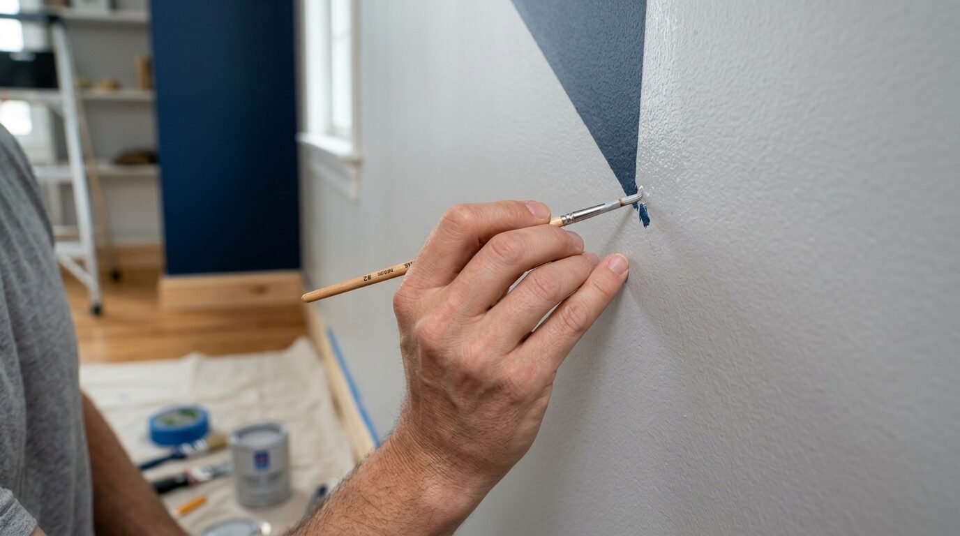 Close-up of a person using a small brush to touch up a sharp edge on a navy and grey geometric wall mural.