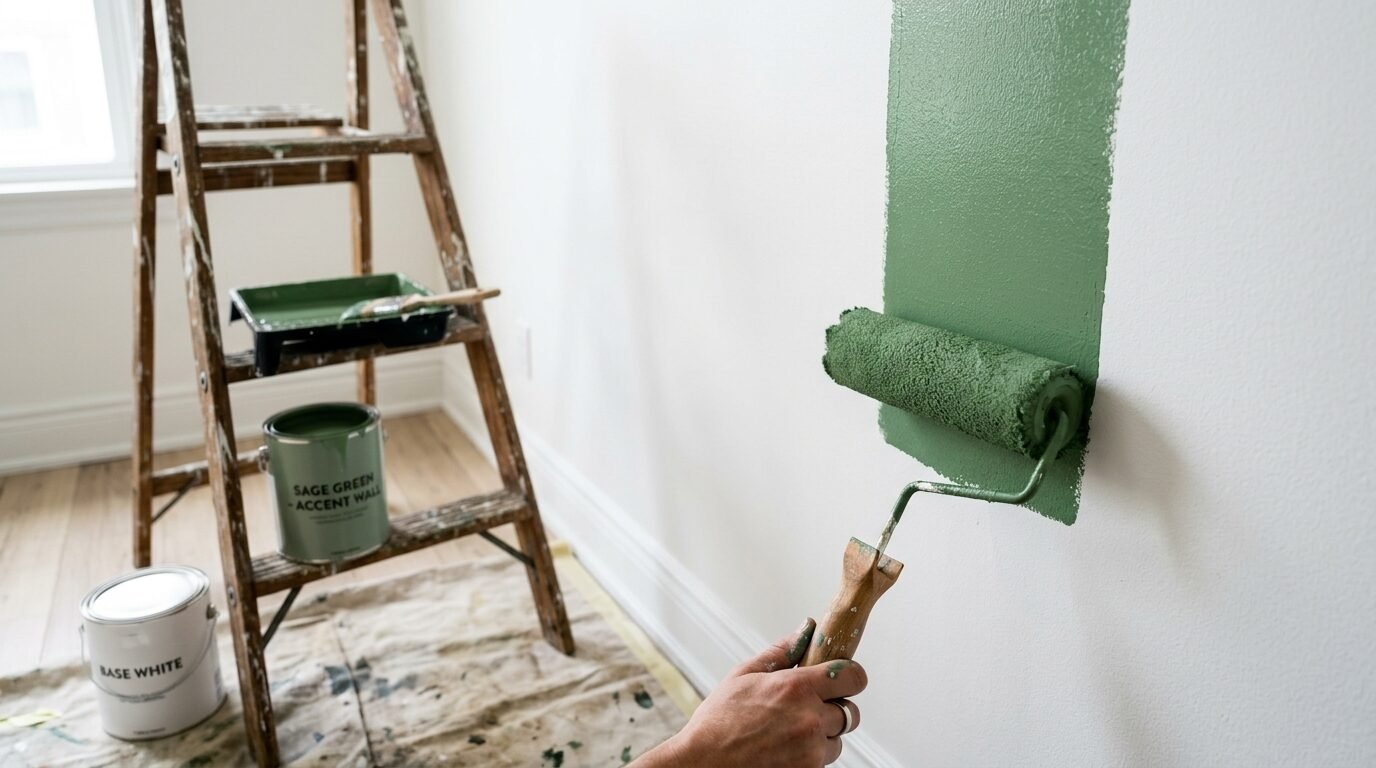 Close up of a hand painting a vertical stripe of sage green on a white wall with a wooden handle roller.