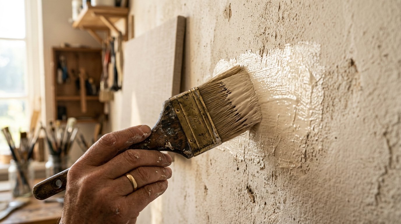 Close-up of a person's hand using a wide brush to apply paint onto a textured concrete or plaster wall.