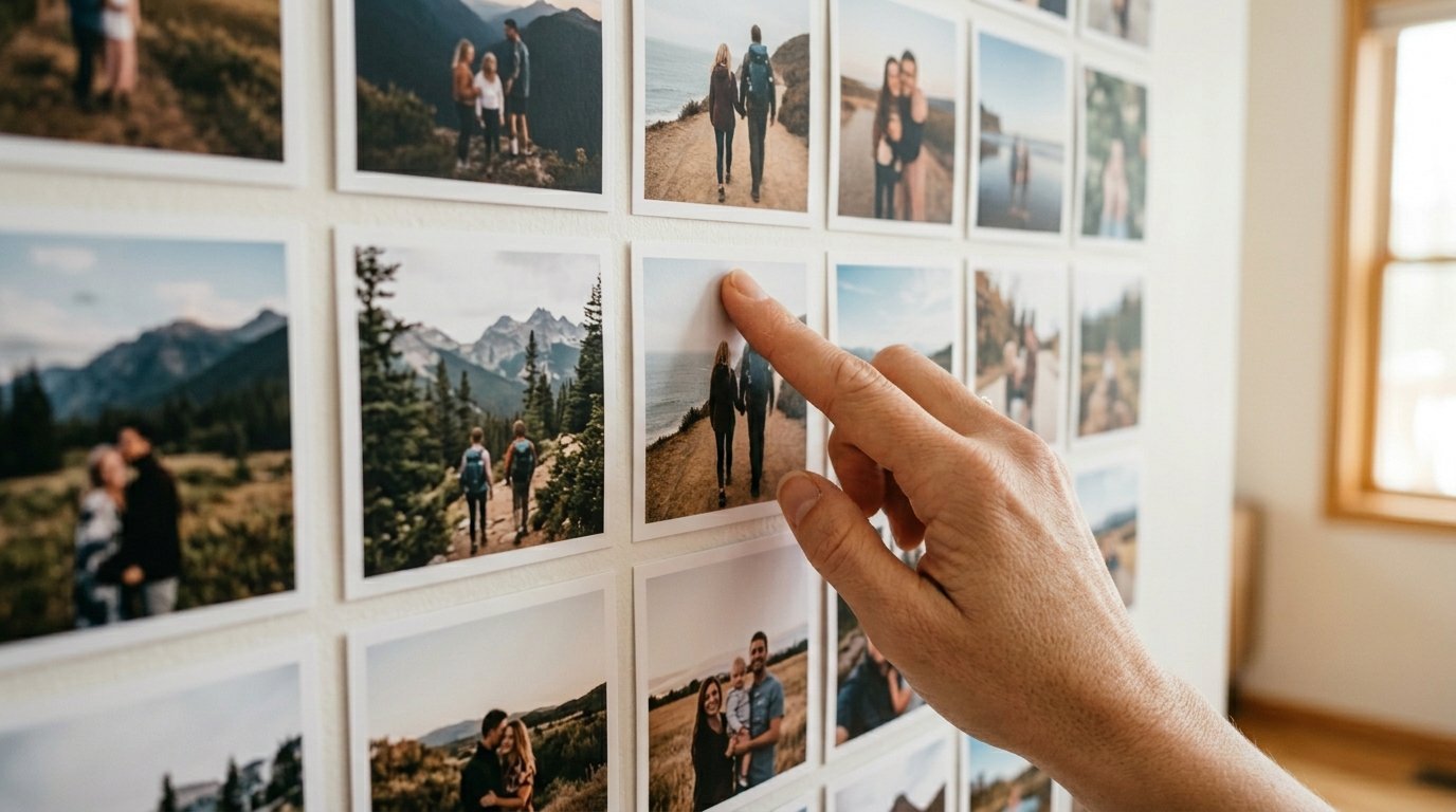 Close-up of a person's hand touching a square photograph showing a couple walking on a path near the ocean.