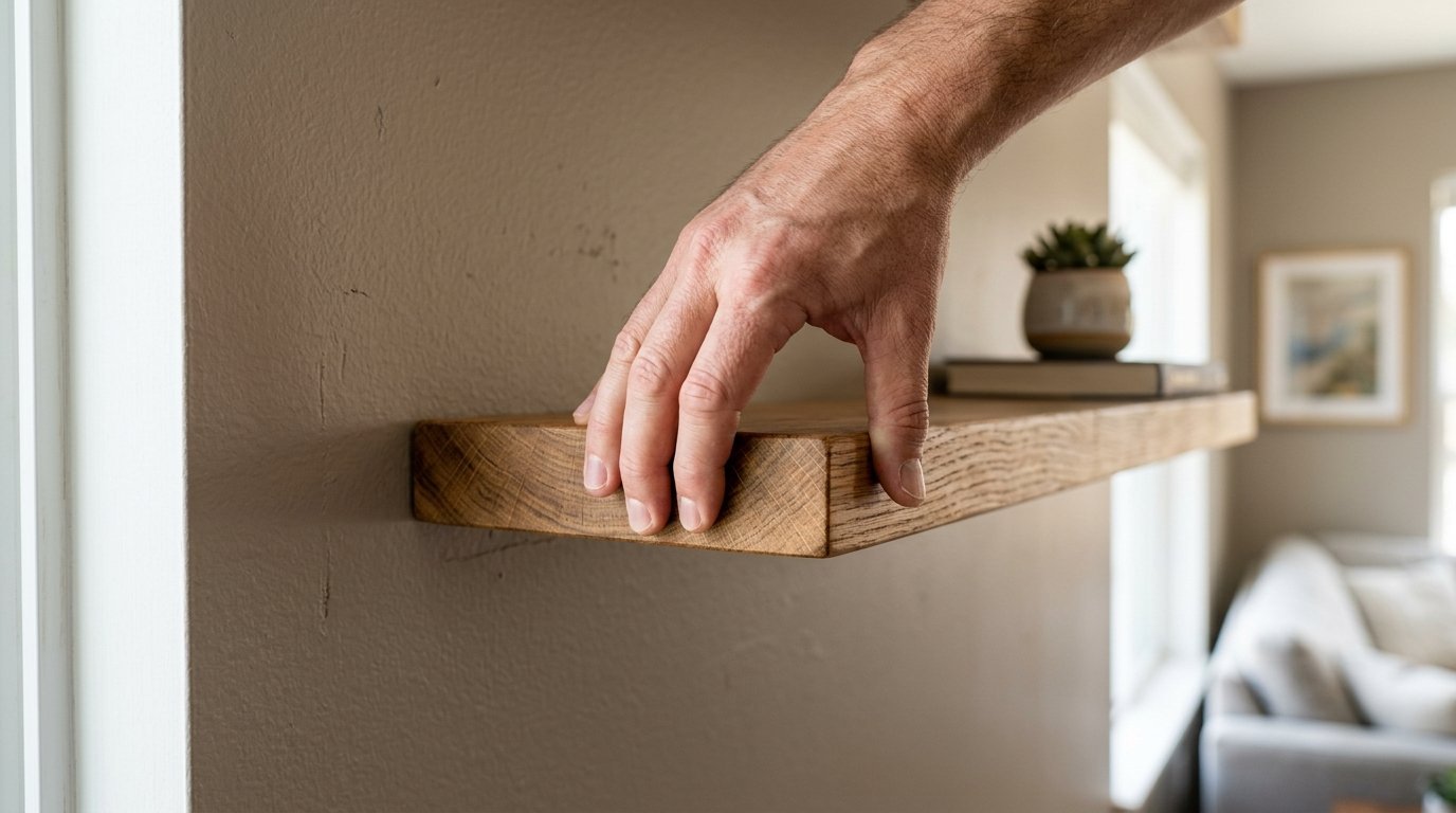 Close-up view of a person's hand positioned on top of a mounted rustic oak floating wall shelf in a home living room.
