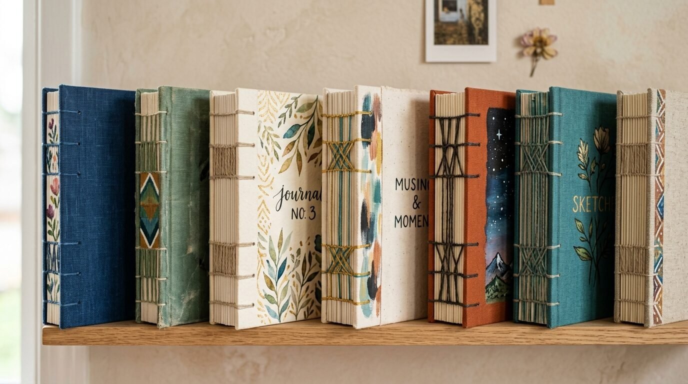 Row of colorful hand-stitched journals with linen covers displayed on a wooden shelf.