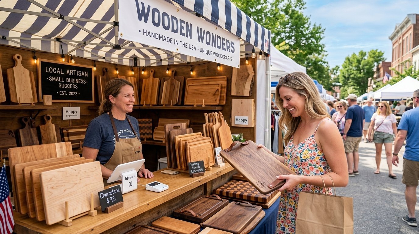 A smiling woman examining a dark wooden serving board at an outdoor market stall with many handmade cutting boards.