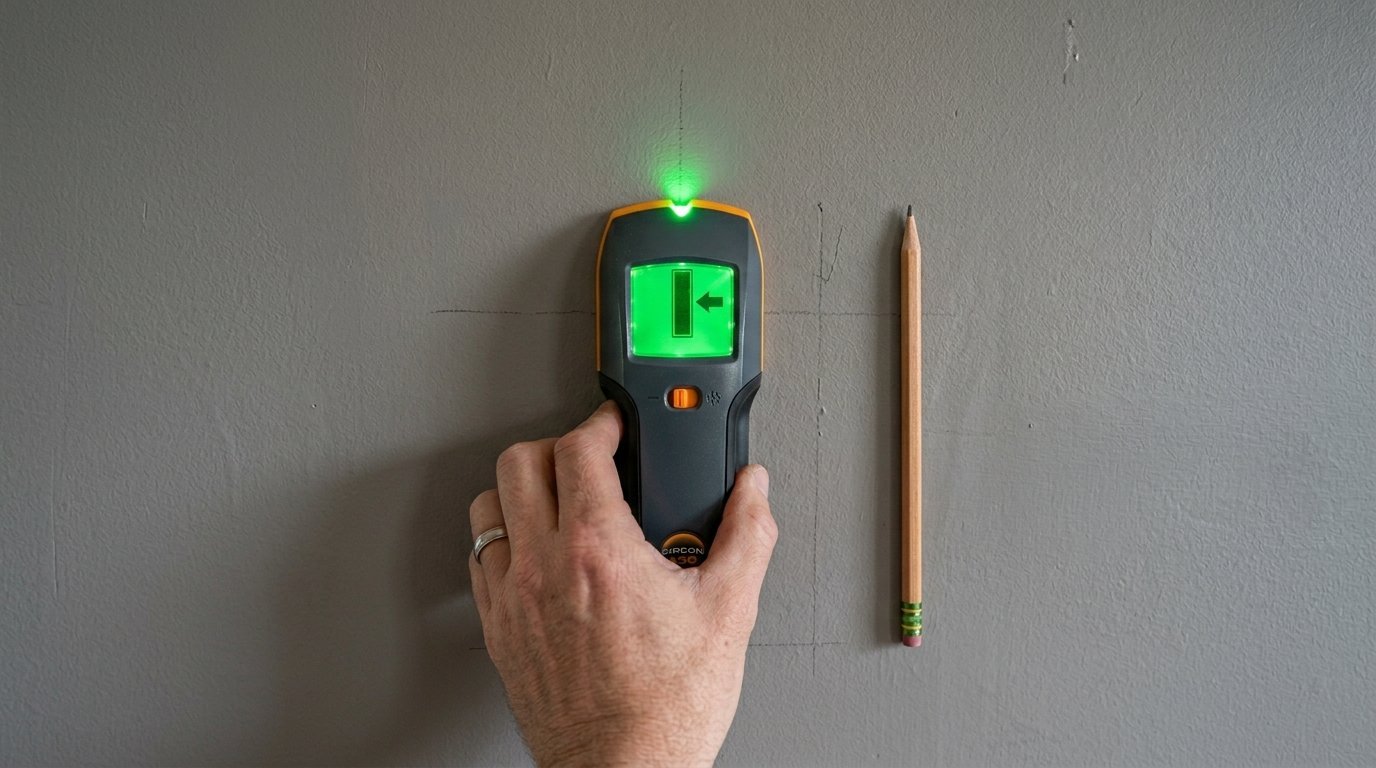 A man's hand holds a glowing green electronic stud sensor against a grey wall next to a wooden pencil.