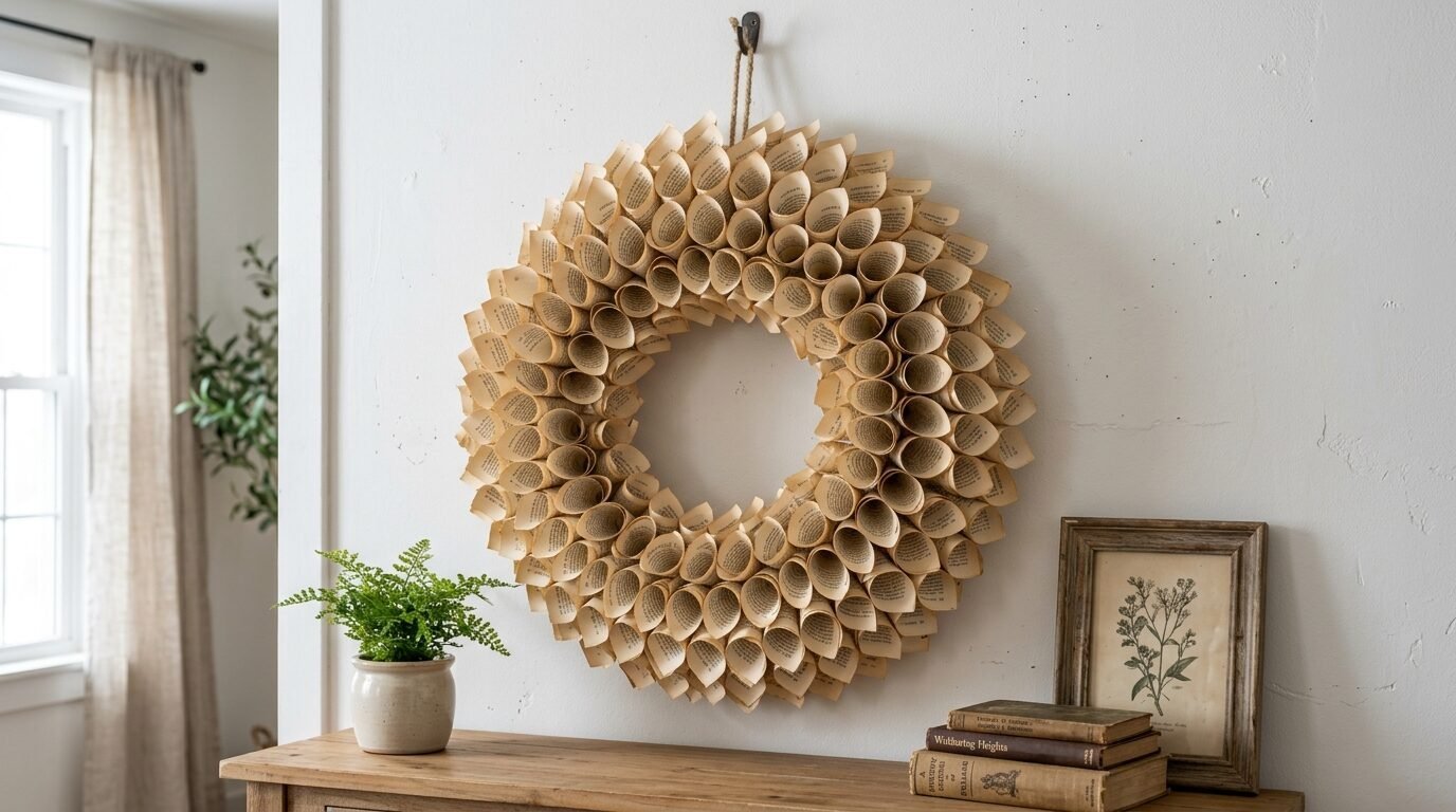 Decorative circular wall hanging crafted from rolled yellowed book pages displayed above a wooden console table.