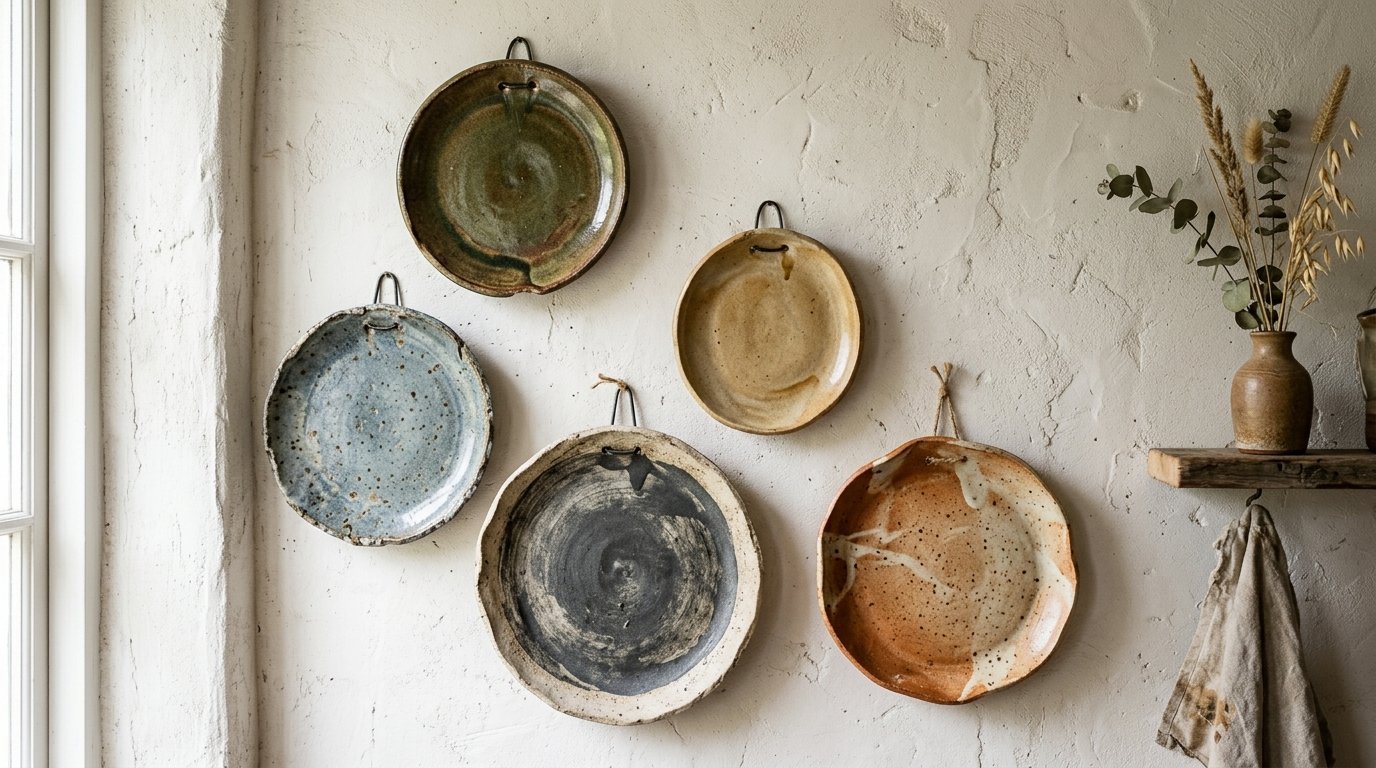 Collection of five artisanal clay plates hung on a textured white wall near a wooden shelf with dried flowers.