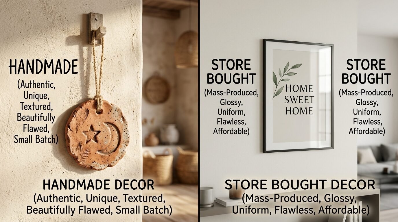Comparison graphic showing a textured star-and-moon clay ornament versus a framed Home Sweet Home print.