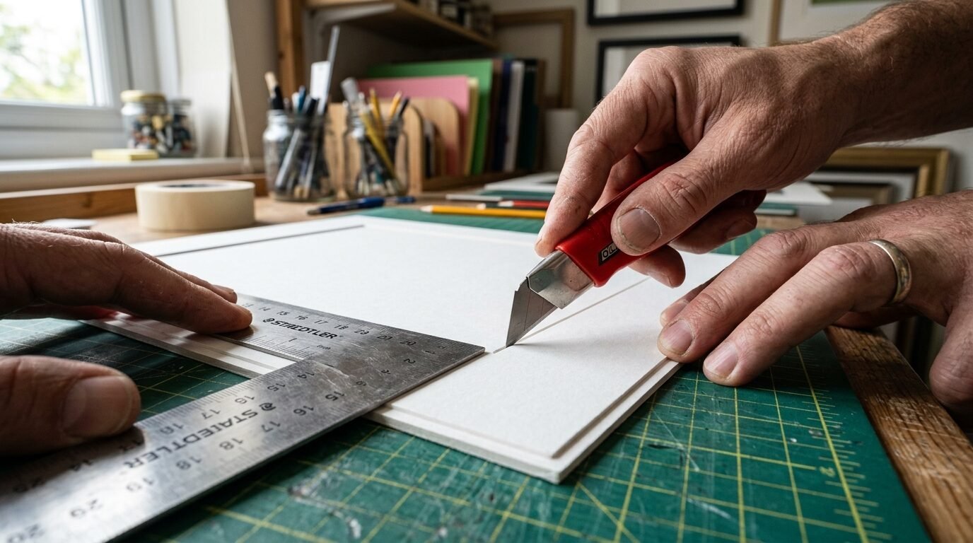 Close-up of hands using a metal ruler and red utility knife to precisely cut a white mat board on a green cutting mat.