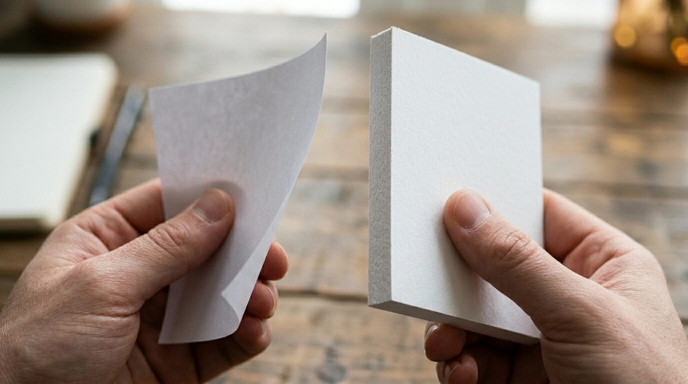 Two hands holding separate pieces of thick white textured paper over a wooden desk.