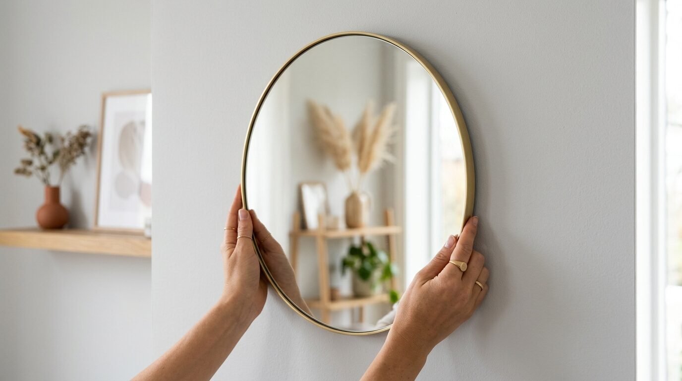 Close-up of hands with rings adjusting a round mirror in a brass frame against a neutral indoor background.