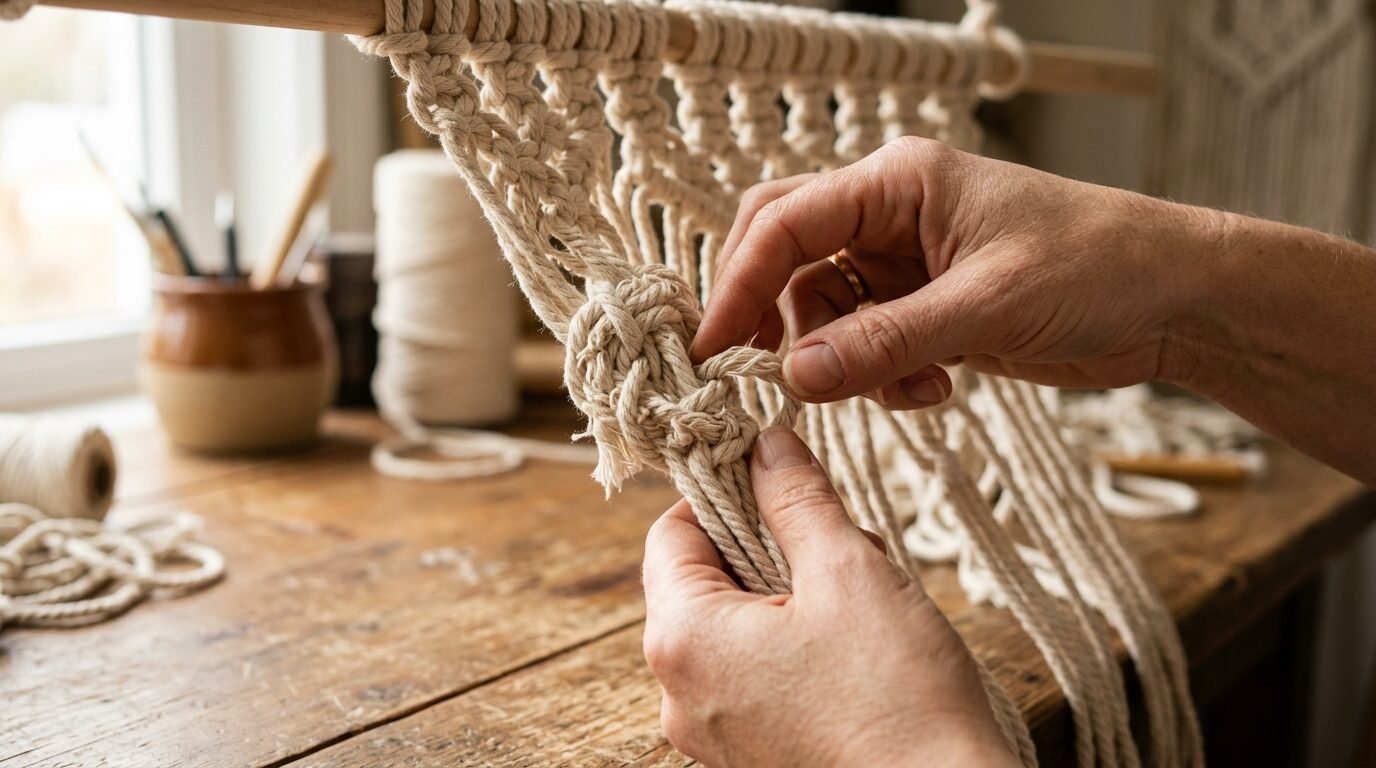 Close-up of hands creating intricate knots in thick white cord on a wooden workbench.