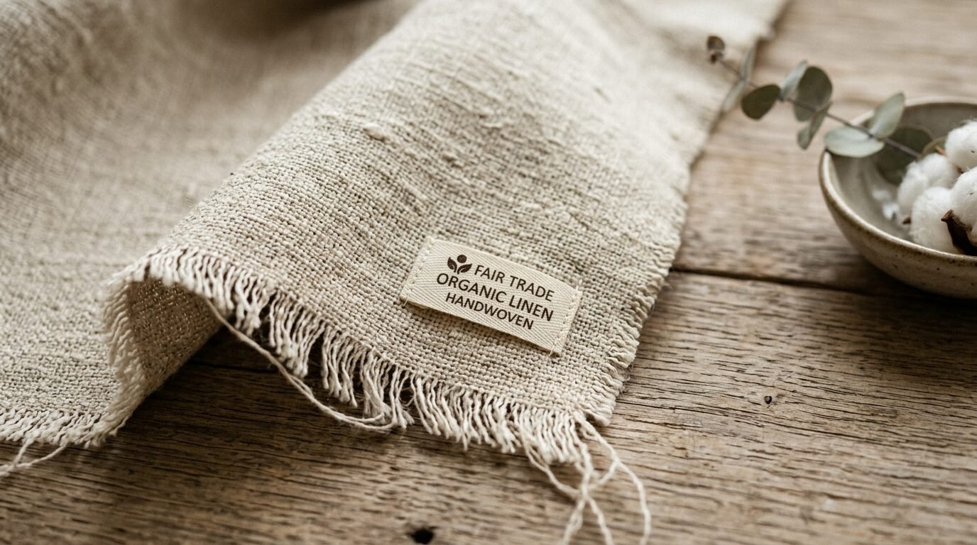 Close up of folded organic linen fabric with a stitched tag resting on rustic wooden table next to cotton bolls.