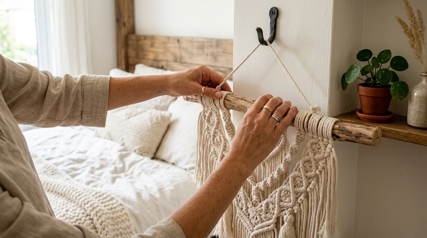 Close up of hands adjusting a woven macrame wall hanging suspended by a driftwood rod.