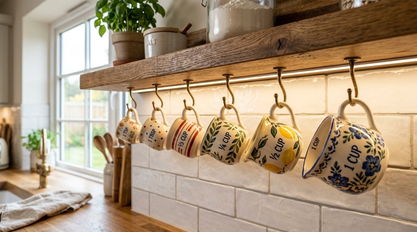 Set of six assorted vintage-style ceramic measuring cups suspended from hooks under a wooden kitchen shelf.