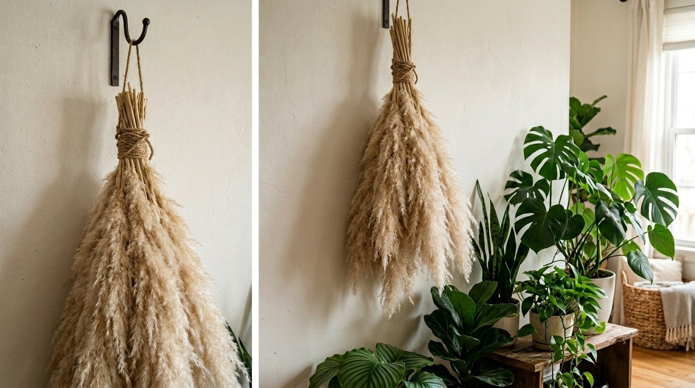 A bundle of dried pampas grass hanging from a black wall hook next to several indoor potted plants.