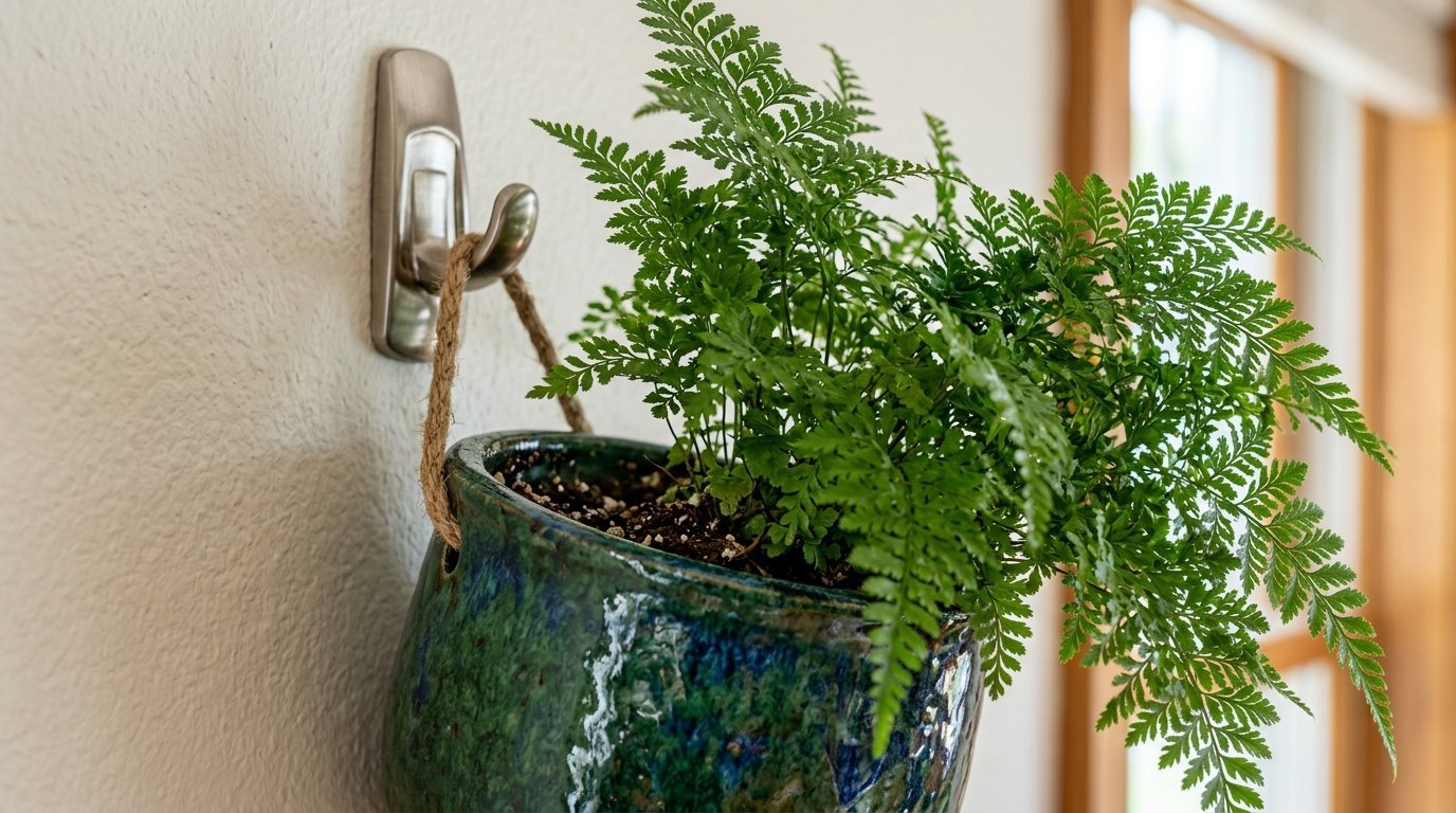 A vibrant green fern plant inside a blue and green ceramic pot hanging from a metal hook on a white wall.