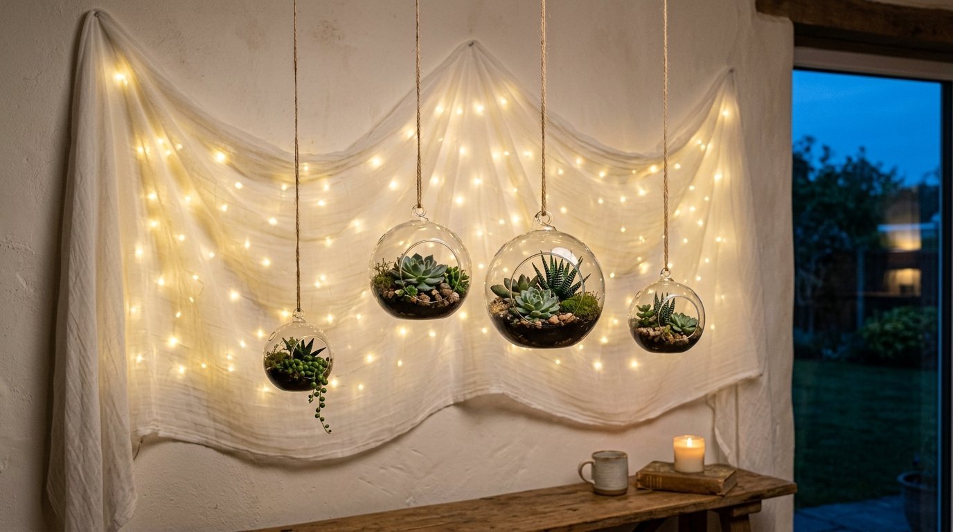 Round glass globes with small succulents hanging in front of a white cloth wall decoration with warm LED string lights.