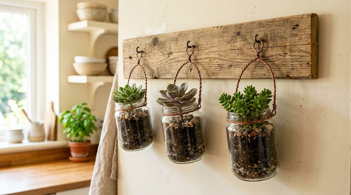 Three glass mason jars filled with soil and succulents hanging from wire hooks on a reclaimed wooden board.