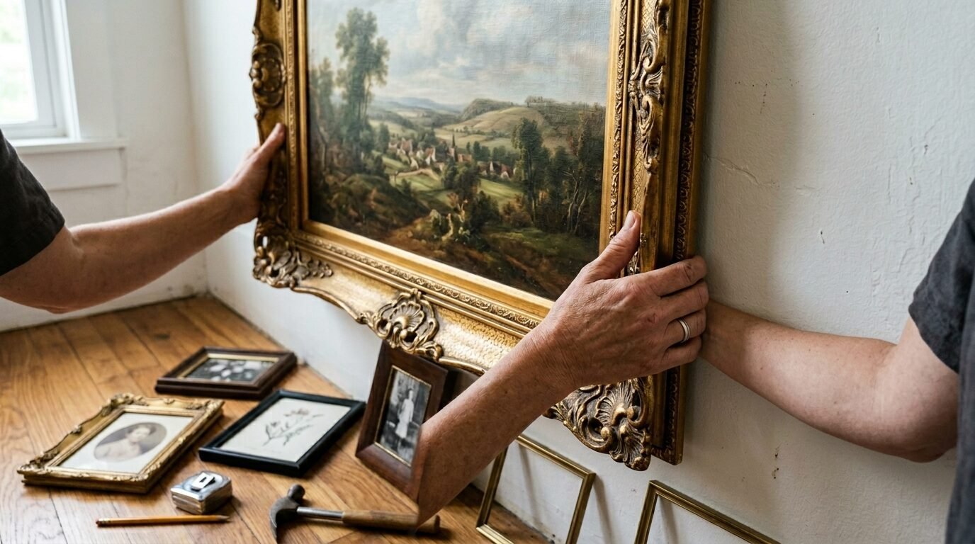 Close-up of hands positioning an ornate framed pastoral landscape painting on a white wall.