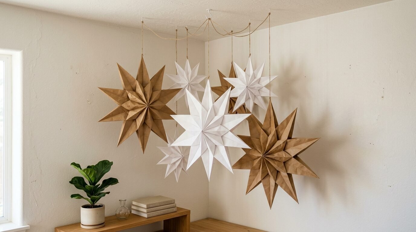 Collection of folded paper Moravian stars in tan and white hanging in a corner above a wooden console table.