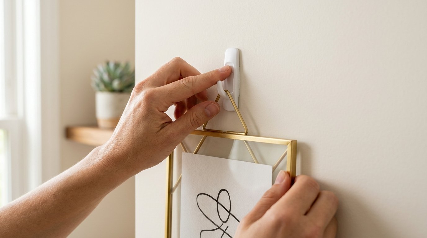 Close up of hands positioning a decorative gold frame onto a wall-mounted plastic adhesive hook.