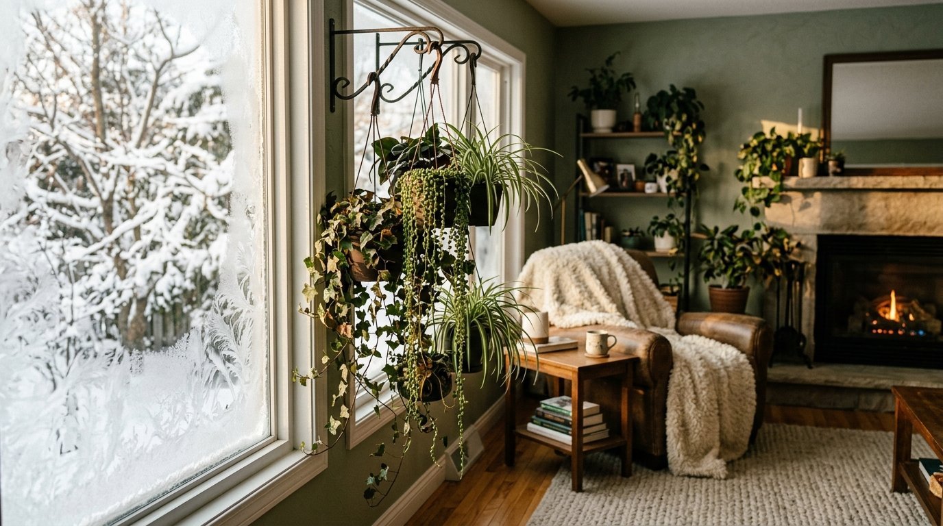 A selection of hanging indoor plants in front of a window covered in frost, looking into a warm, comfortable living room.