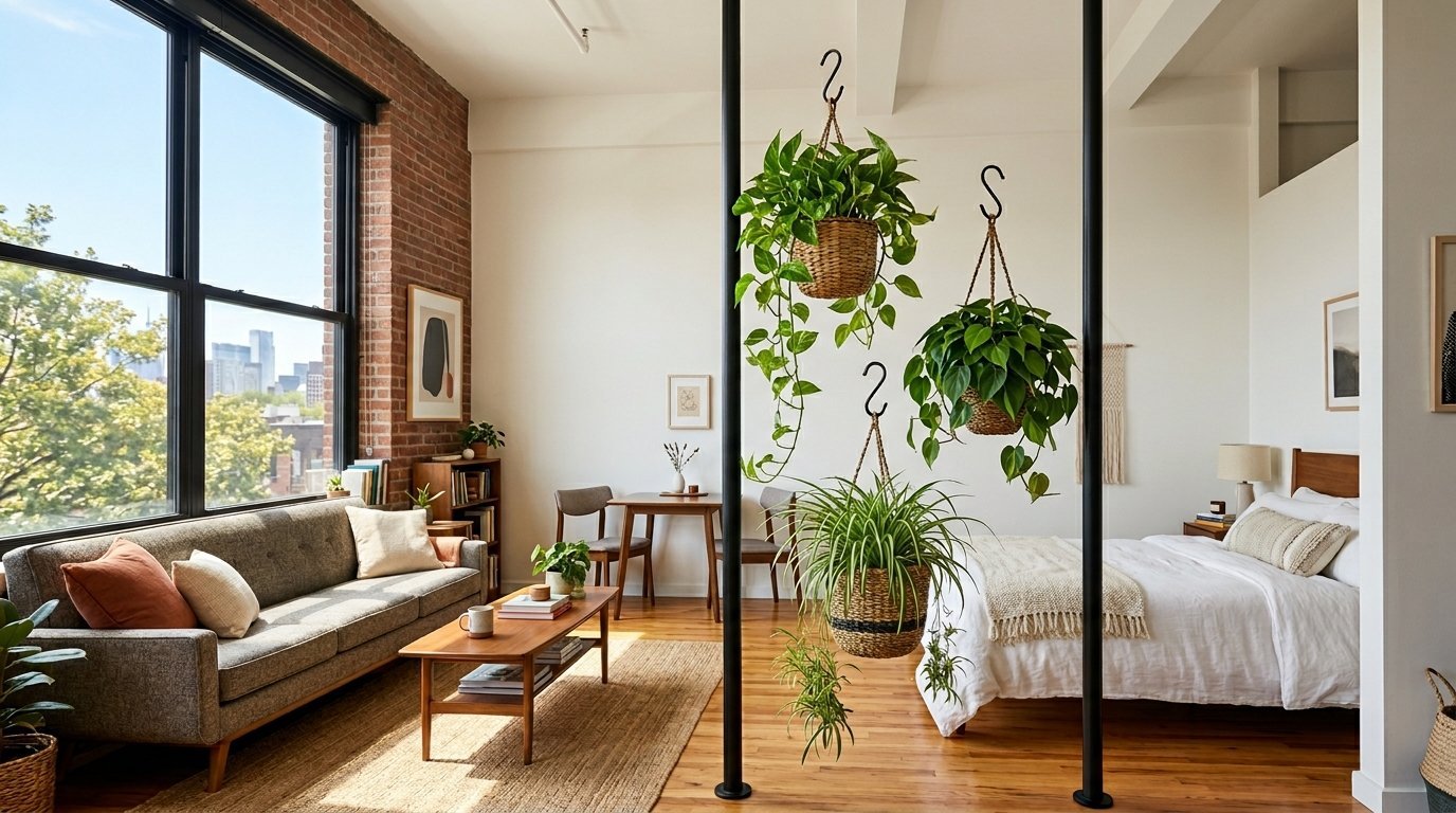 Three wicker baskets with trailing green houseplants suspended from black poles in a bright, open living space.