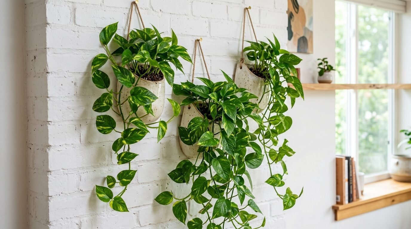 Lush green and yellow pothos plants in hanging ceramic pots attached to a white brick wall.