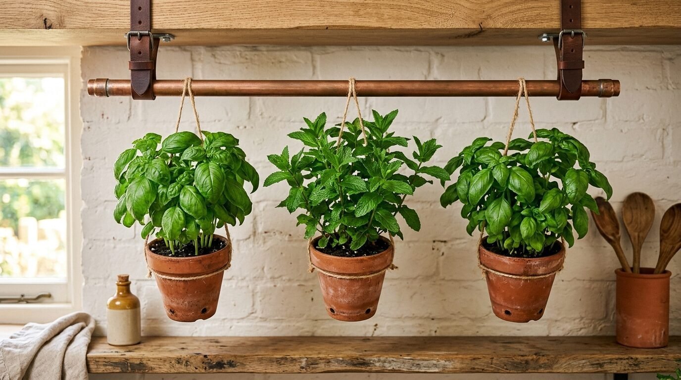 Three terracotta pots with green herbs suspended by twine from a copper rod against a white brick wall.
