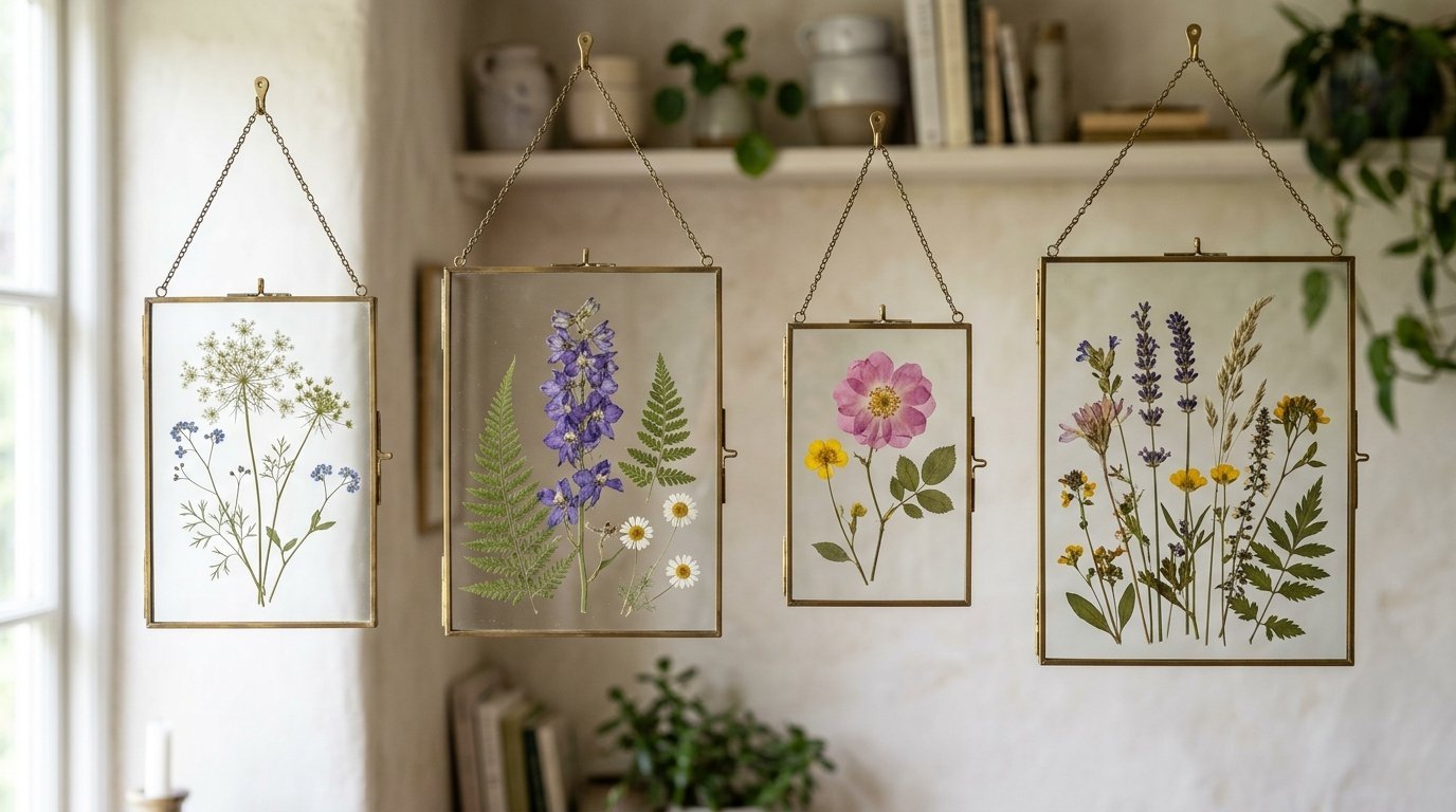 Four rectangular glass and brass frames with dried flowers hanging on a wall.