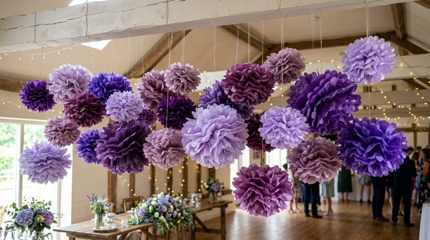 Clusters of lavender and deep violet paper flower decorations suspended above a wedding reception hall.