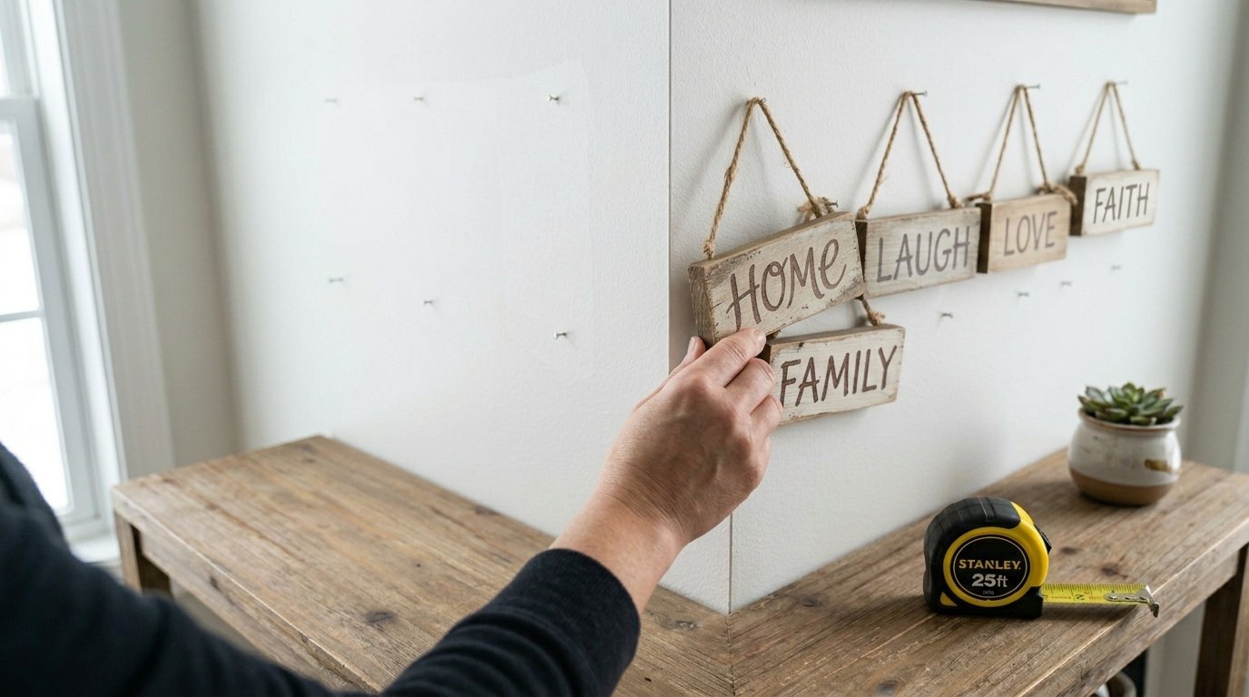 Person holding a wooden sign that says Home while hanging rustic decor pieces with twine on nails.