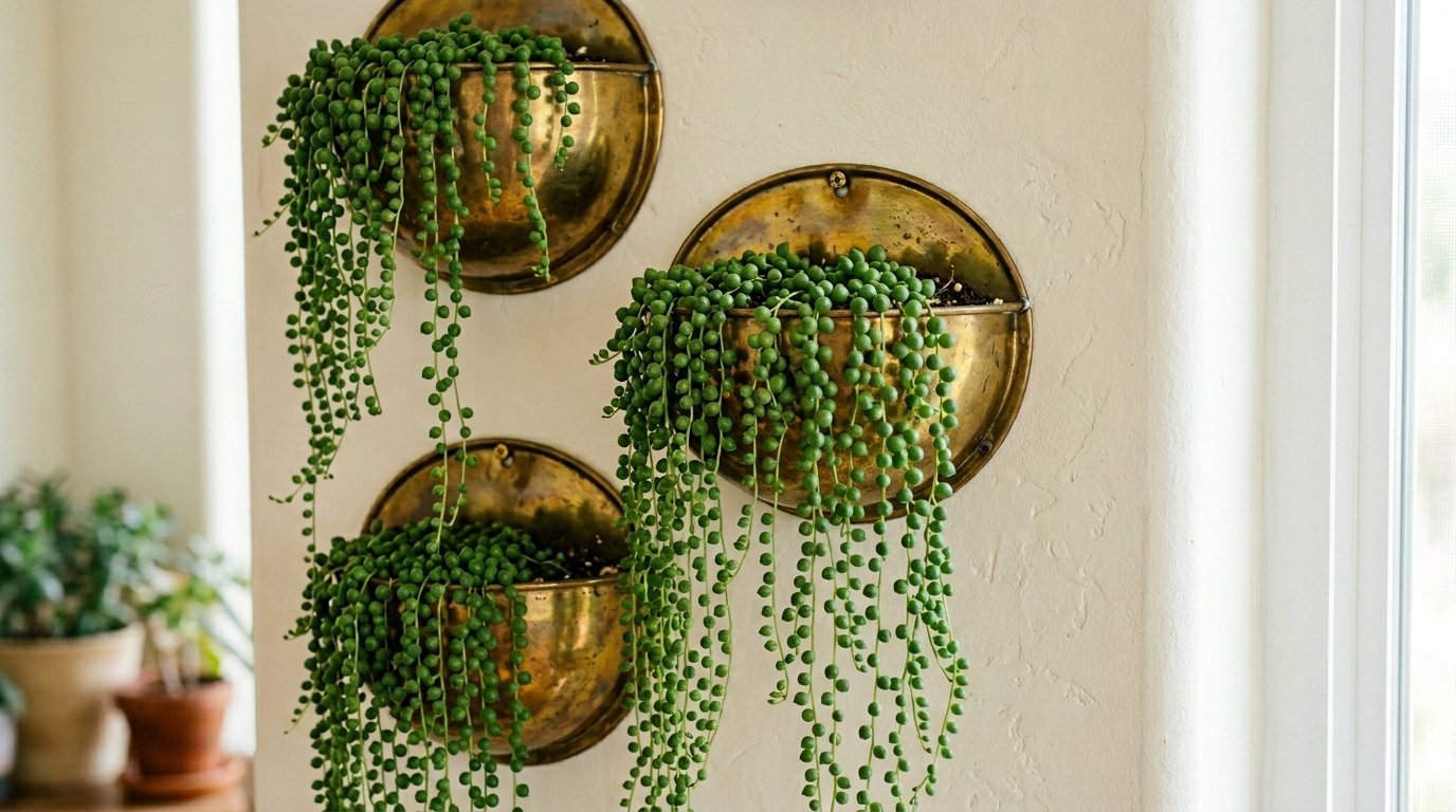 Lush green succulent vines trailing down from mounted metallic wall pots on a cream-colored wall.