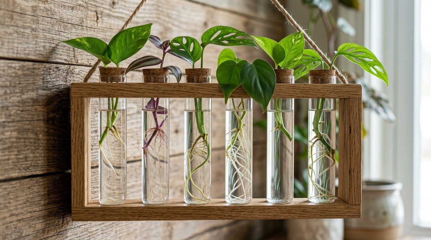 A rustic wall-mounted wooden rack holding six glass test tubes filled with water and various plant cuttings.