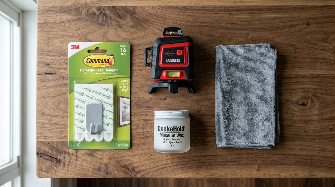 Command hooks, a Kaiweets laser level, QuakeHold museum wax, and a microfiber cloth on a wood surface.