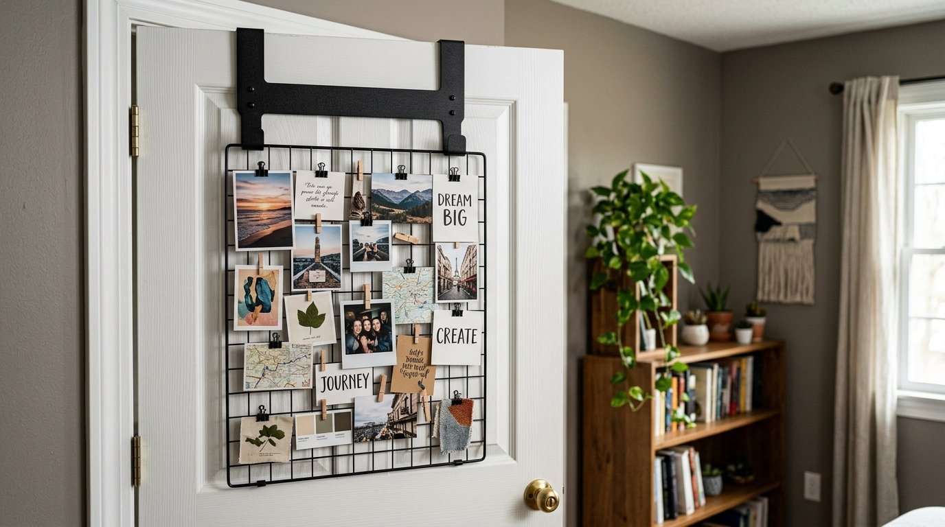 A black metal grid hanging on a white door, holding various photos, notes, and art with small clips.