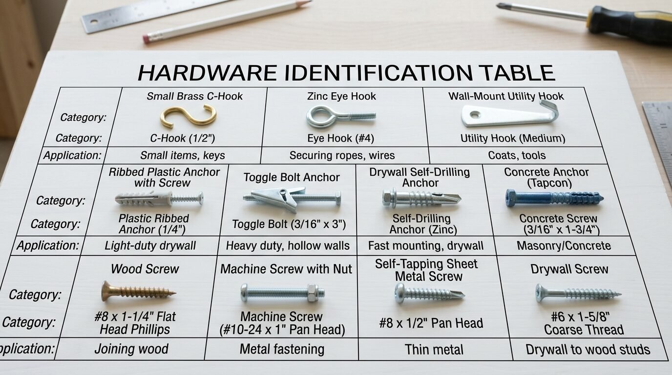 A reference guide displaying photos and names of common hardware fasteners laid on a workshop table.