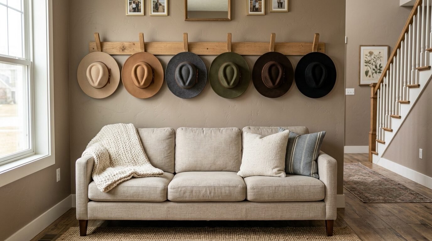 Six colorful brimmed hats hanging on a wooden rack on a tan wall behind a beige couch.