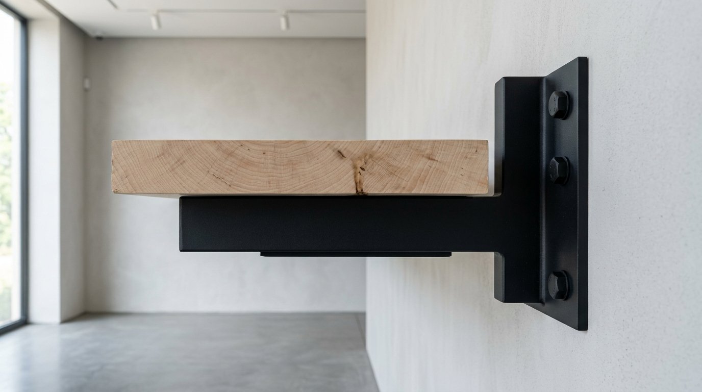 Close up profile view of a solid wood plank secured to a white wall by a matte black metal support.