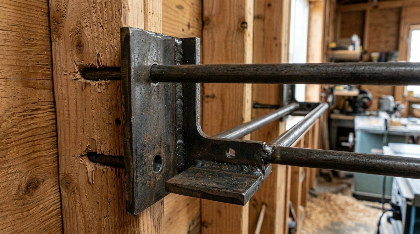 A close-up of a welded metal mounting bracket attached to a vertical timber post in a garage workshop.