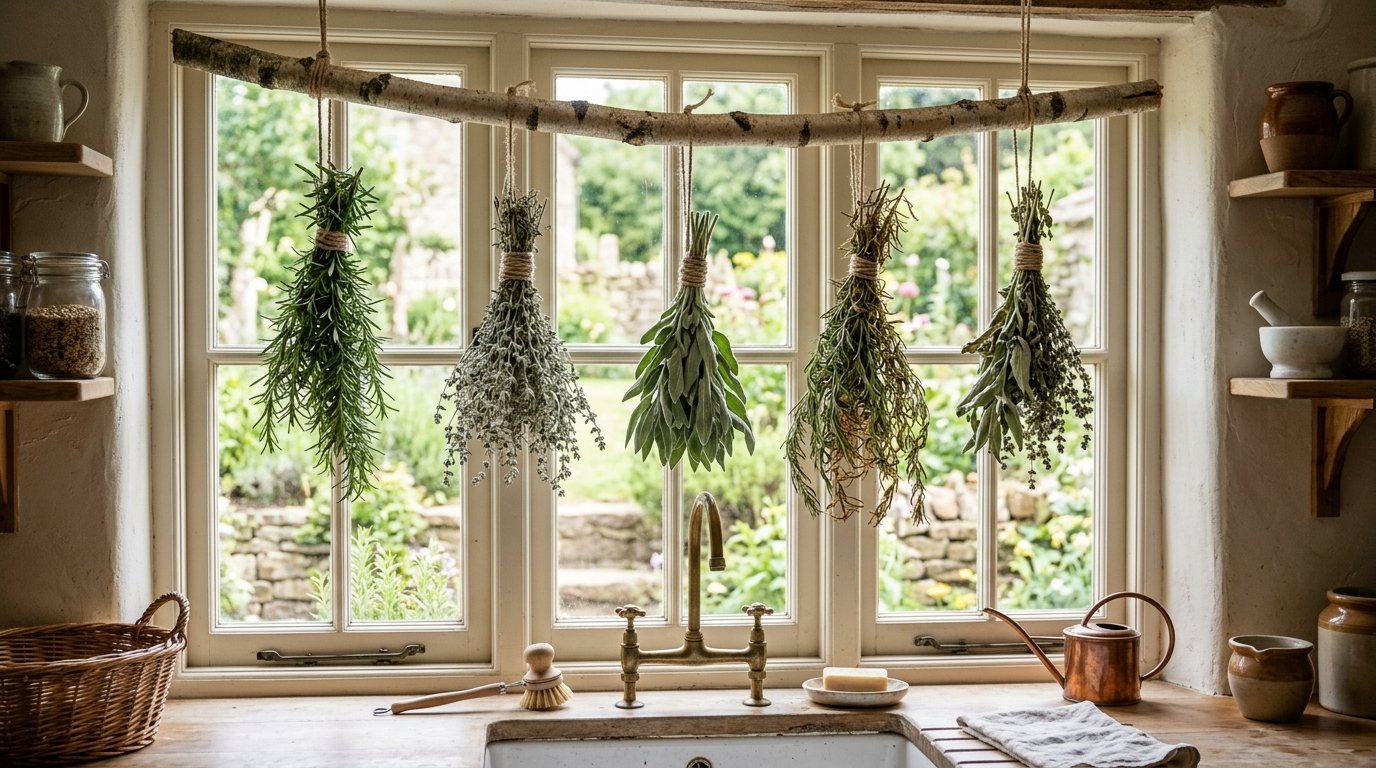 Bundles of various aromatic herbs tied with twine hanging from a rustic birch branch over a farmhouse kitchen window.
