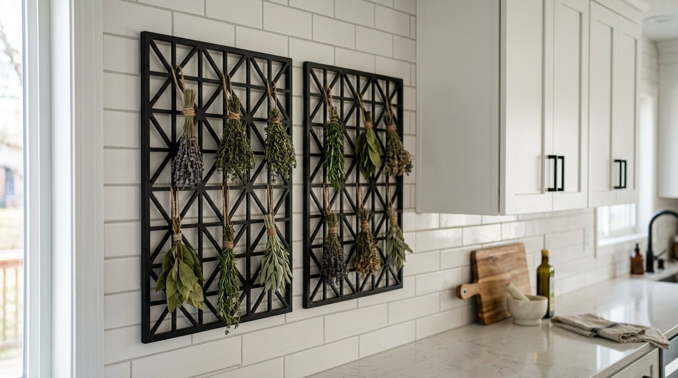 Bundles of dried herbs hanging from two black geometric metal grids mounted on a white subway tile kitchen backsplash.