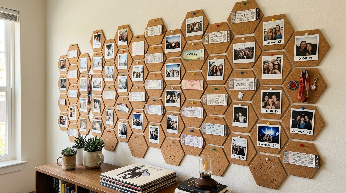 Honeycomb cork tiles pinned with photos and concert tickets above a wooden bookshelf with succulents and records.