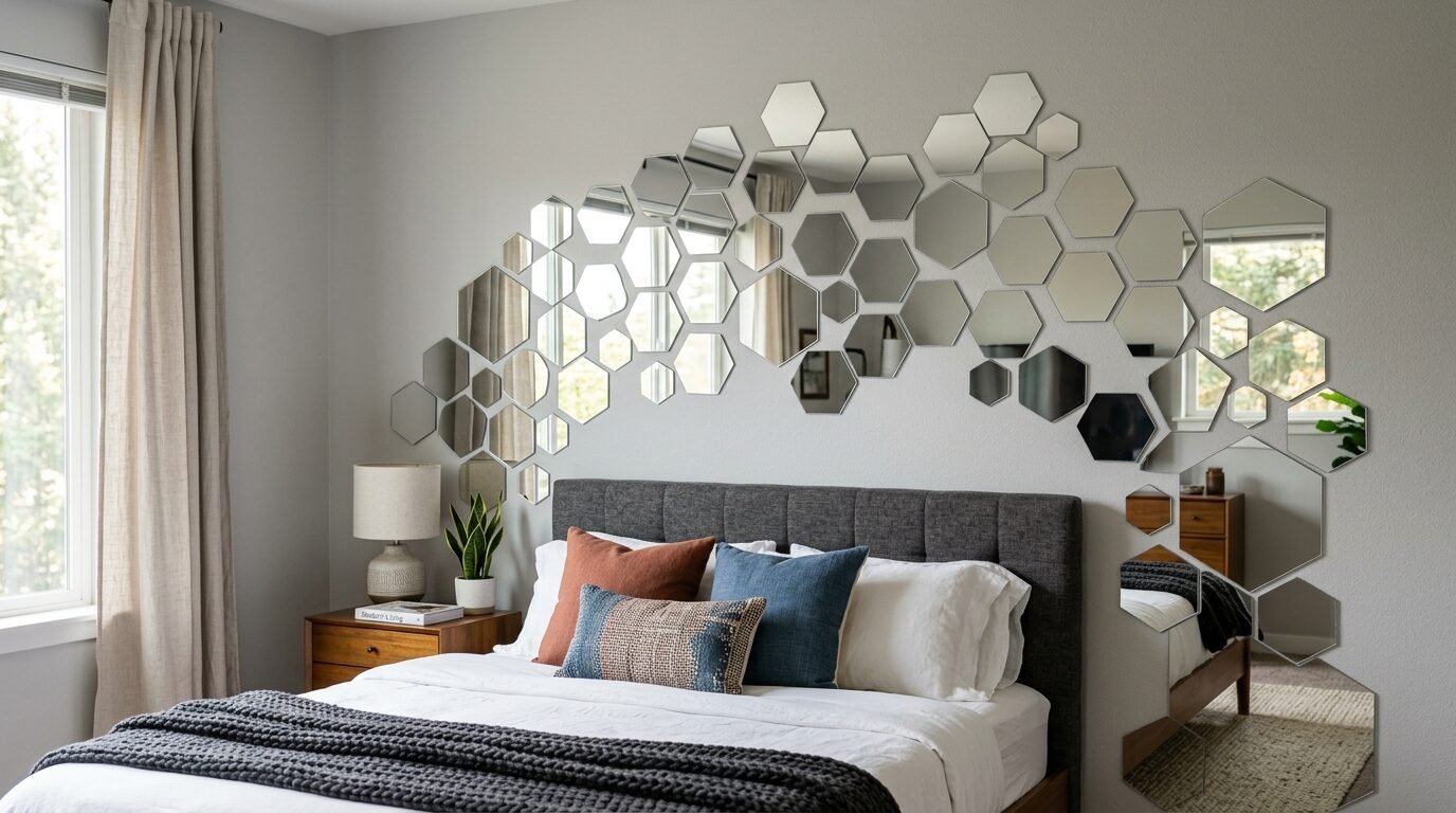 Group of small hexagon-shaped mirrors mounted in an organic pattern above a grey upholstered bed frame.