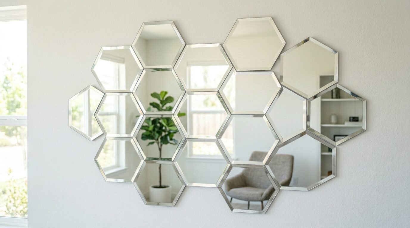 Group of honeycomb-shaped mirror panels reflecting a green houseplant and a grey upholstered armchair.