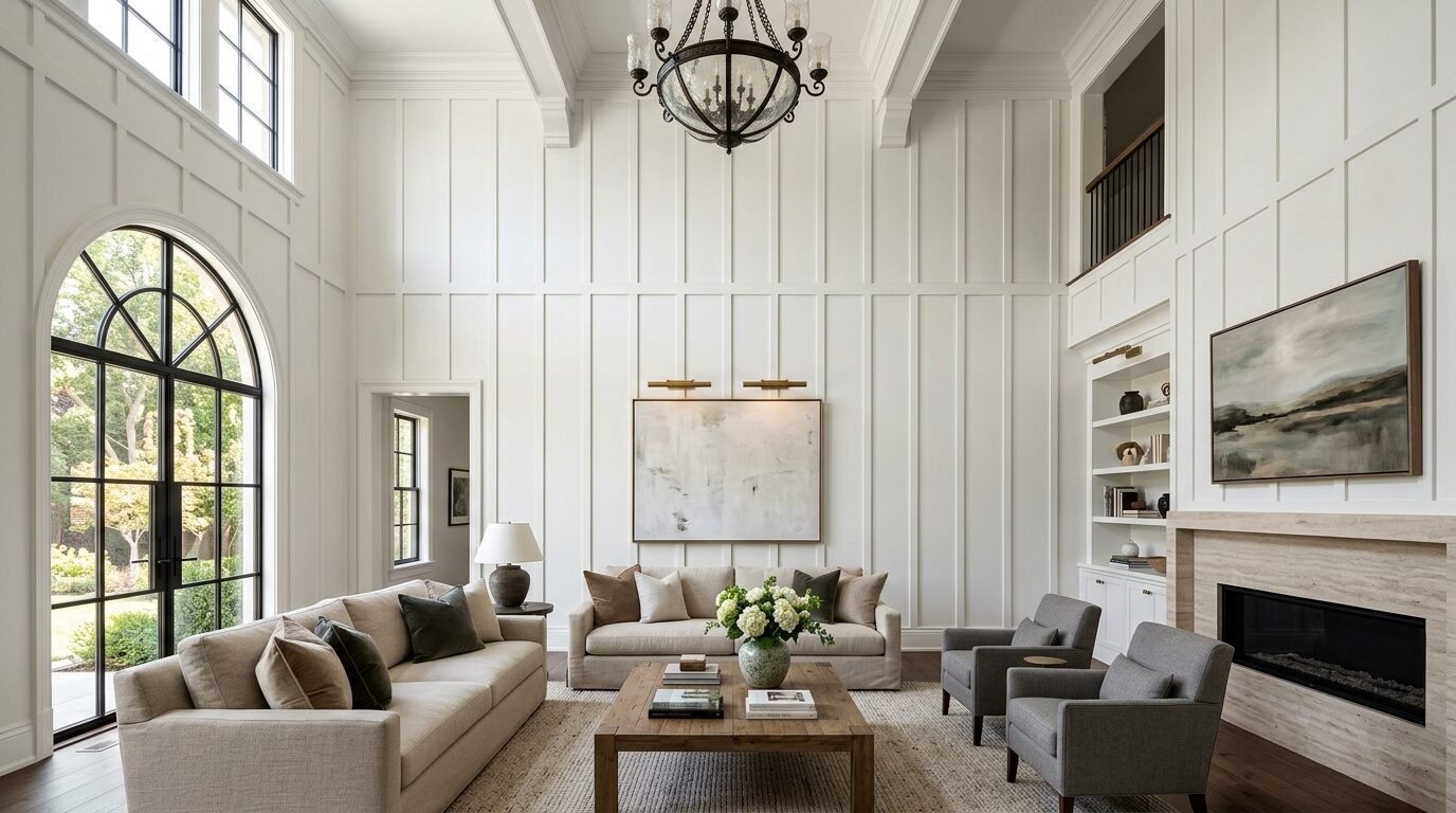 Spacious living room featuring white vertical wall paneling, two sofas, armchairs, and a stone fireplace.
